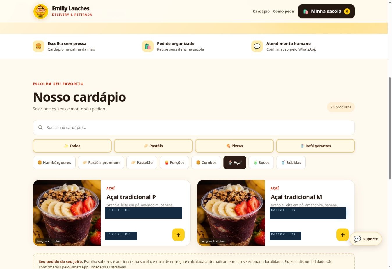 Emilly Lanches: Categoria Açaí · valores ocultos