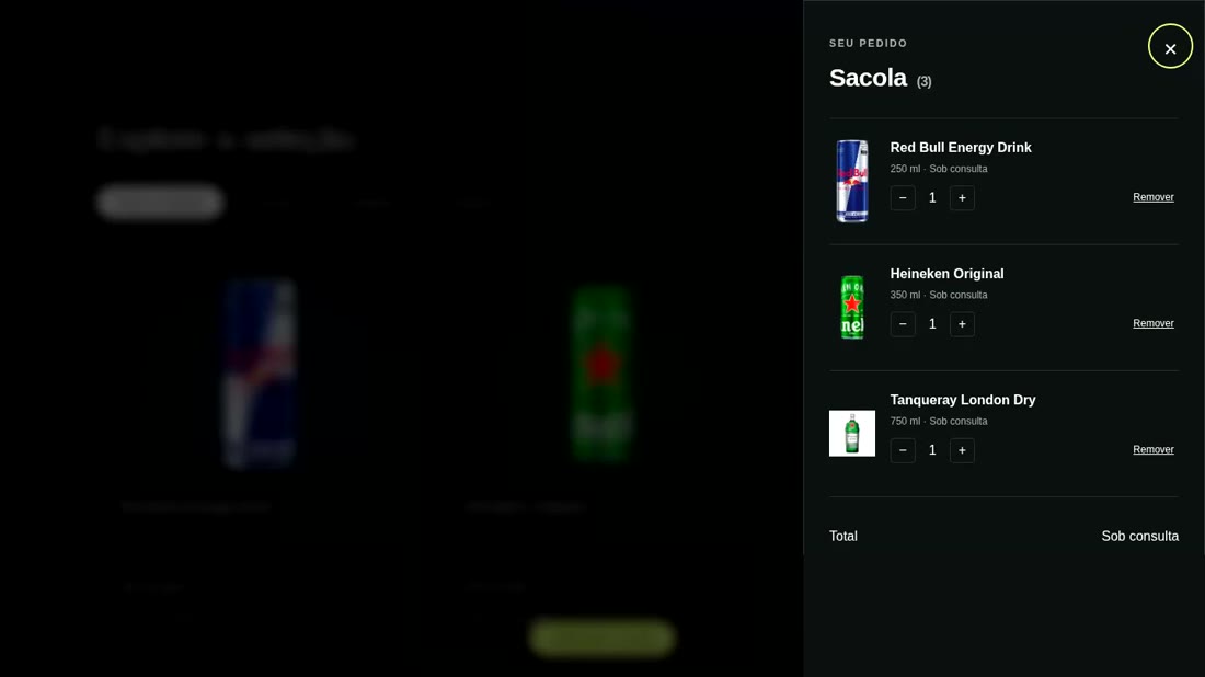 Tela real da sacola com três produtos selecionados